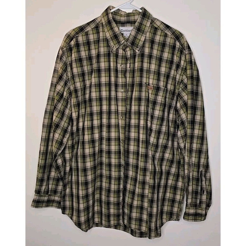 Carhartt‎ Shirt Mens XL Green Plaid Flannel Button Down Chest Pocket 100% Cotton